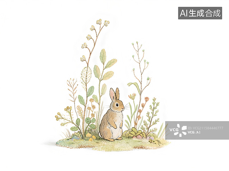 【AI数字艺术】水彩勾线插画，可爱的兔子和植物图片素材
