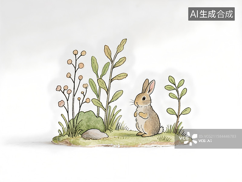 【AI数字艺术】水彩勾线插画，可爱的兔子和植物图片素材