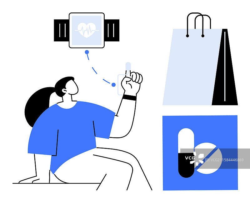 女性使用可穿戴健康追踪器和药物图片素材