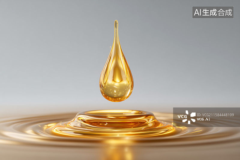 【AI数字艺术】金色油滴坠入波纹水面特写图片素材