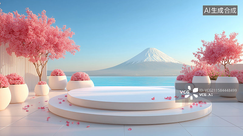 【AI数字艺术】樱花环绕的圆形拱门与雪山景观图片素材