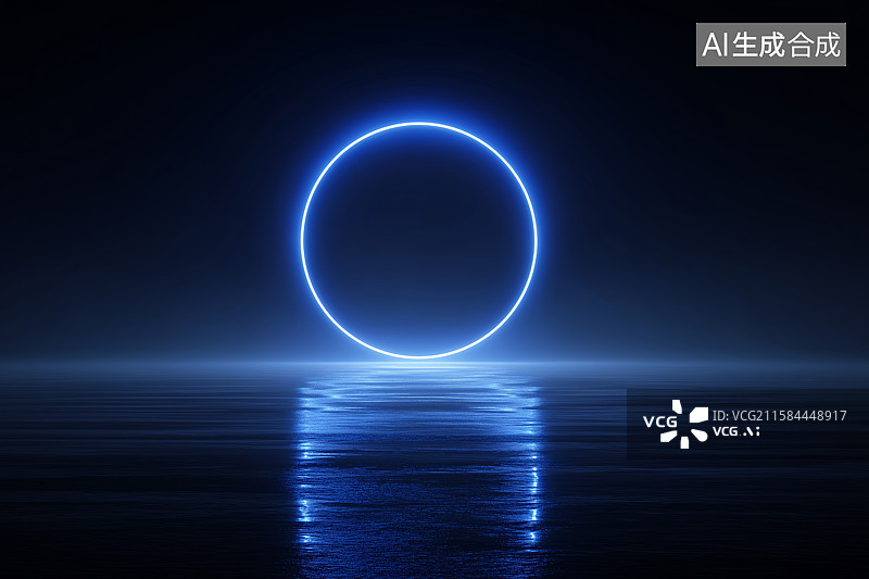 【AI数字艺术】蓝色霓虹光环映照幽暗水面图片素材