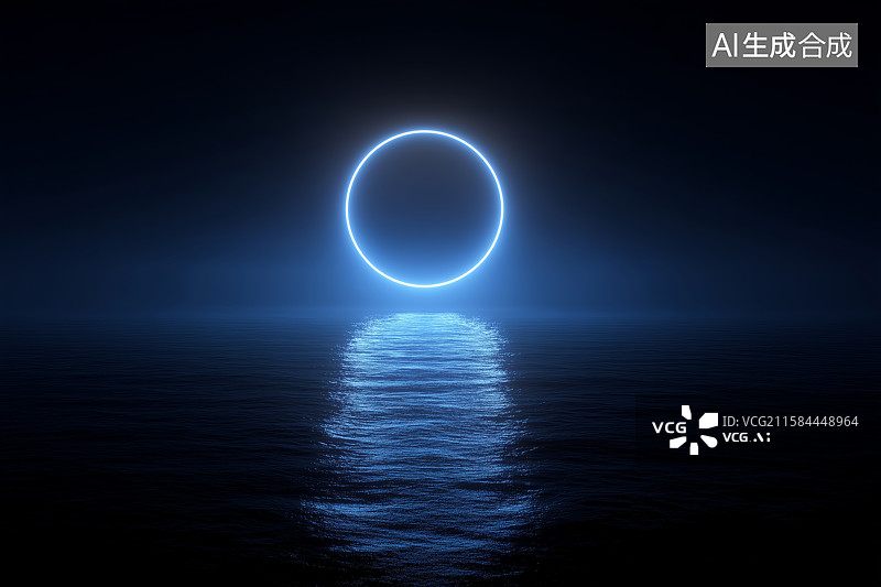 【AI数字艺术】蓝色霓虹光环映照幽暗水面图片素材