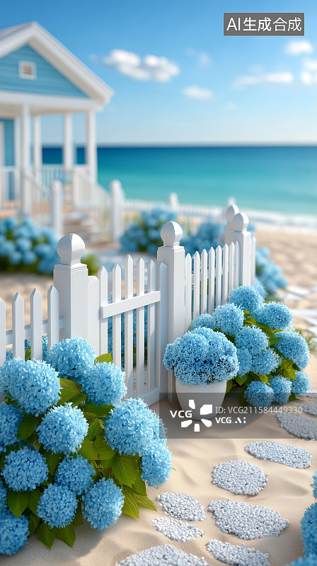 【AI数字艺术】海滨小屋与蓝色绣球花图片素材