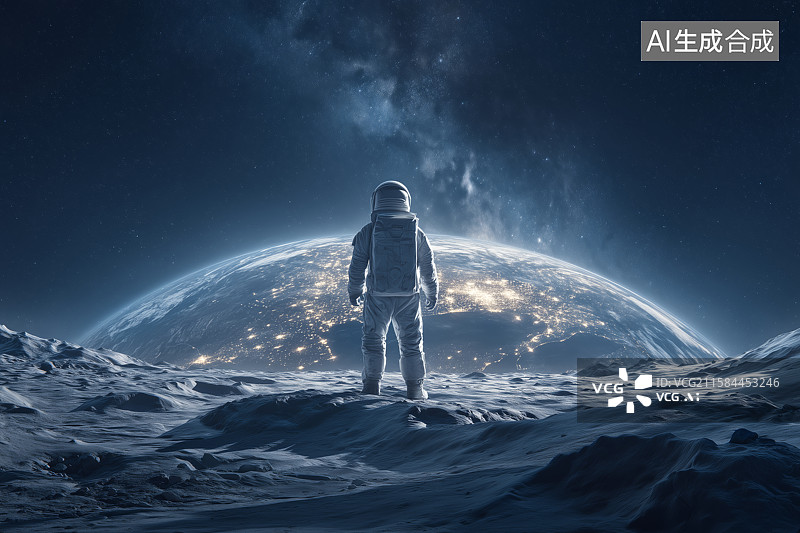 【AI数字艺术】宇航员在月球表面眺望地球图片素材