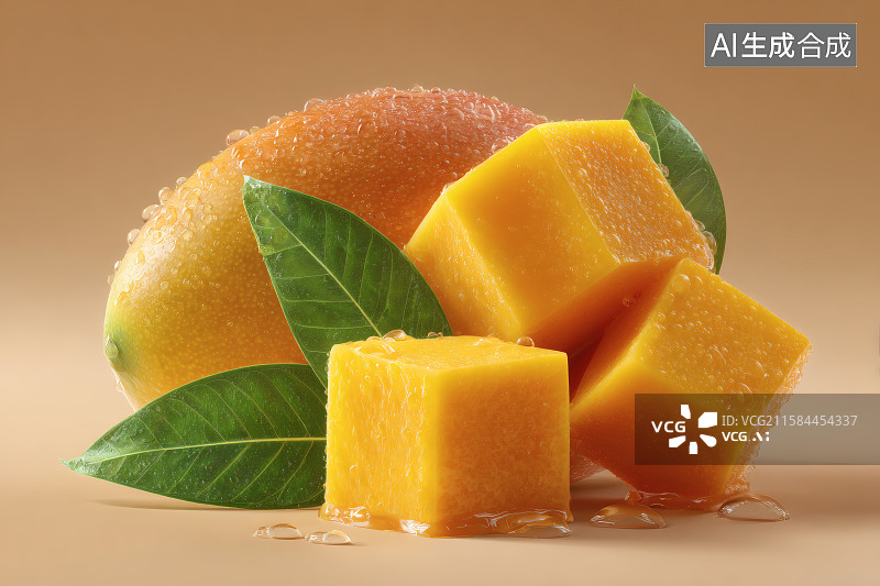 【AI数字艺术】黄色背景，桌面上切块的新鲜芒果图片素材