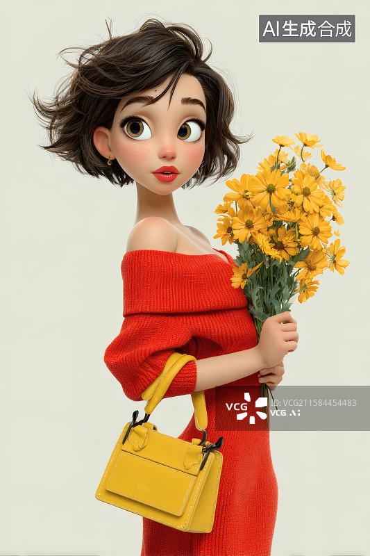 【AI数字艺术】时尚性感的美女，手拿挎包，手捧一束鲜花图片素材
