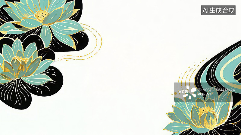 【AI数字艺术】蓝金色莲花与黑色波浪背景图片素材