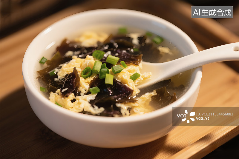 【AI数字艺术】一碗美味的紫菜蛋花汤，上面撒着葱花图片素材
