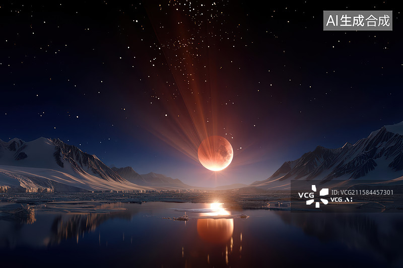 【AI数字艺术】夜空山峦发光星球奇观图图片素材