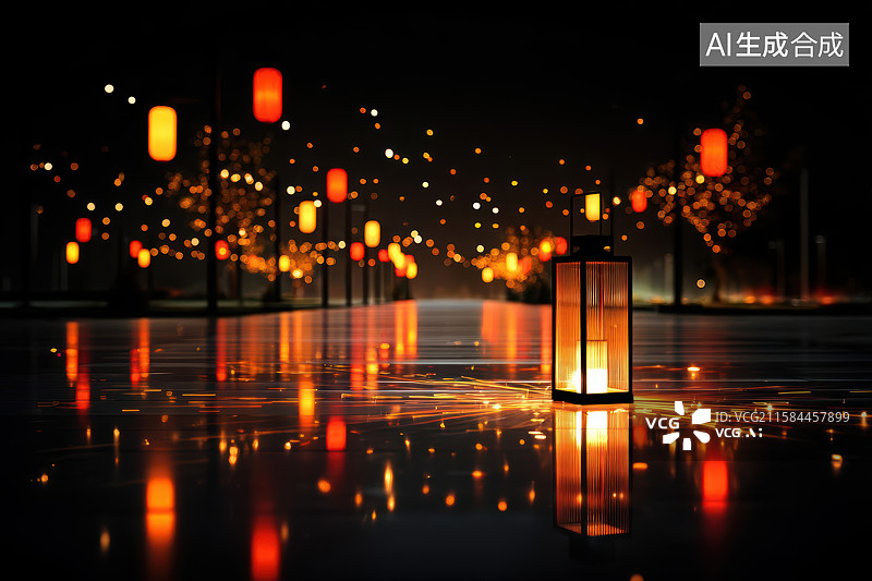 【AI数字艺术】夜晚水面灯笼静谧图图片素材