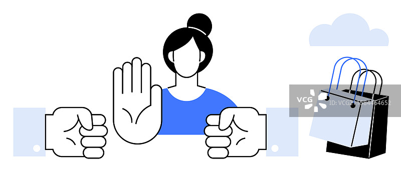 一位女性举手做出停止手势，站在两人之间图片素材