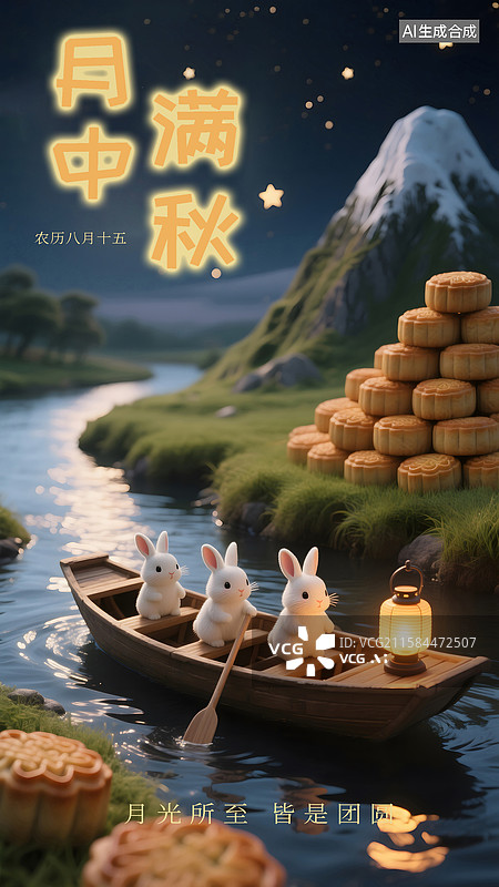 【AI数字艺术】中秋节3D卡通玉兔和月饼海报图片素材
