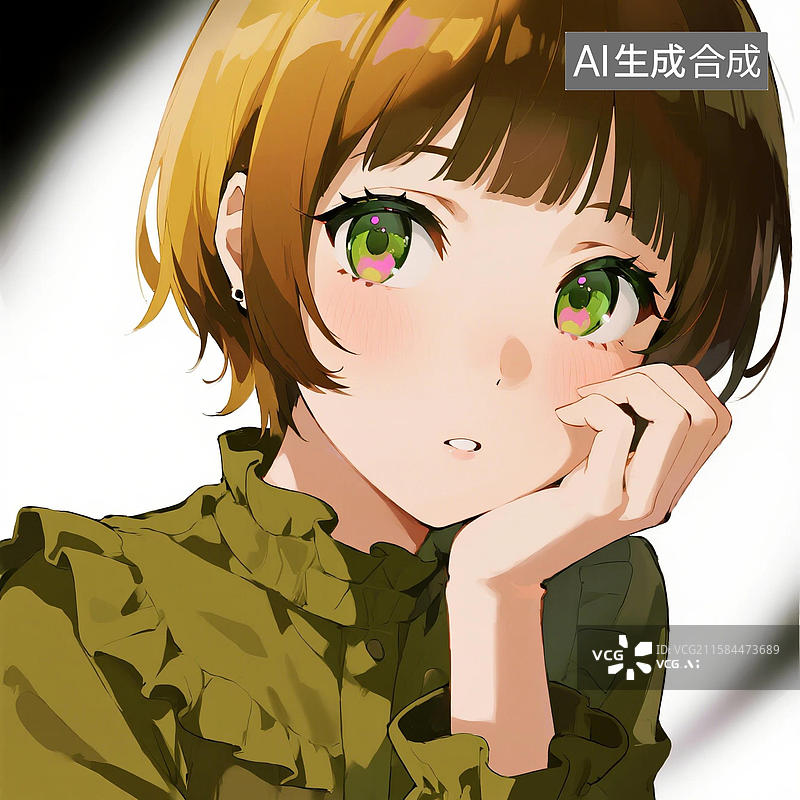 【AI数字艺术】短发绿眼女孩手托脸颊特写图片素材