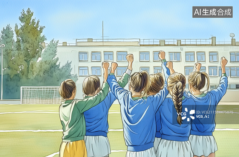 【AI数字艺术】快乐的女足球运动员拥抱在一起庆祝插画风格图片素材