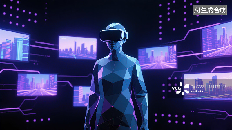 【AI数字艺术】3D三维VR眼镜虚拟角色元宇宙人工智能机器人多屏幕未来感图片素材