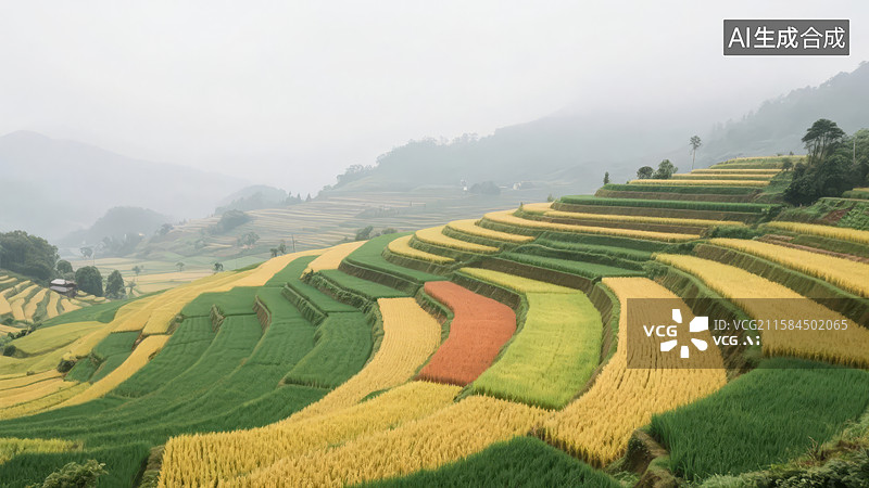 【AI数字艺术】梯田稻谷丰收景象图片素材