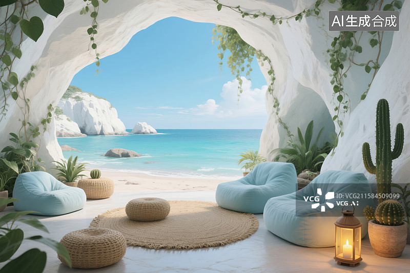 【AI数字艺术】崖洞滨海休闲秘境：绿植与海景的静谧交融图片素材