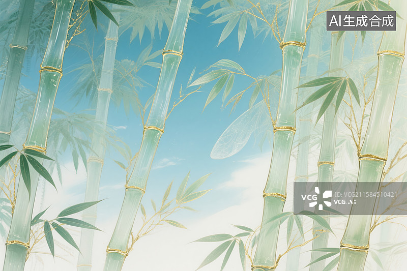 【AI数字艺术】金缕翠筠：淡金描边竹影新中式意境画图片素材