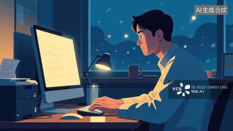 【AI数字艺术】深夜伏案工作的年轻男子图片素材