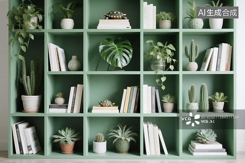【AI数字艺术】森隅格韵：绿植与书籍的治愈系陈列美学图片素材