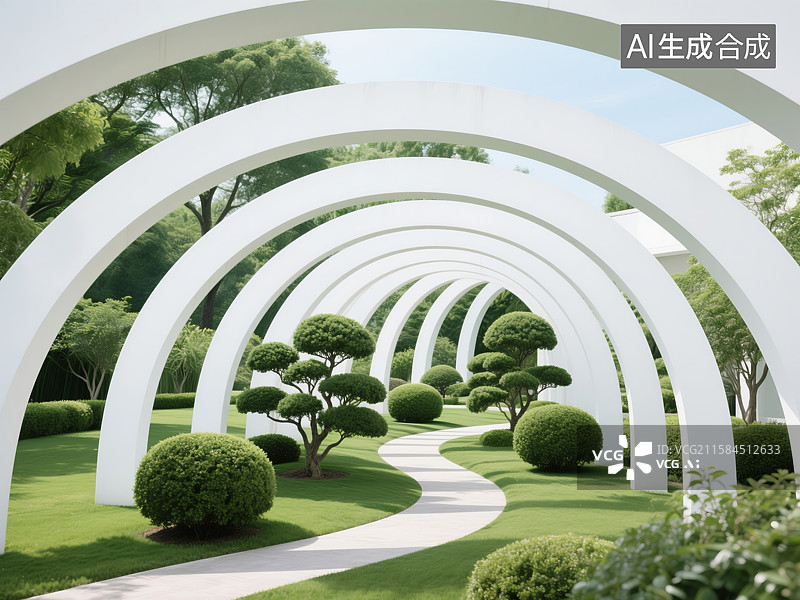 【AI数字艺术】白色拱门下的绿植小径图片素材