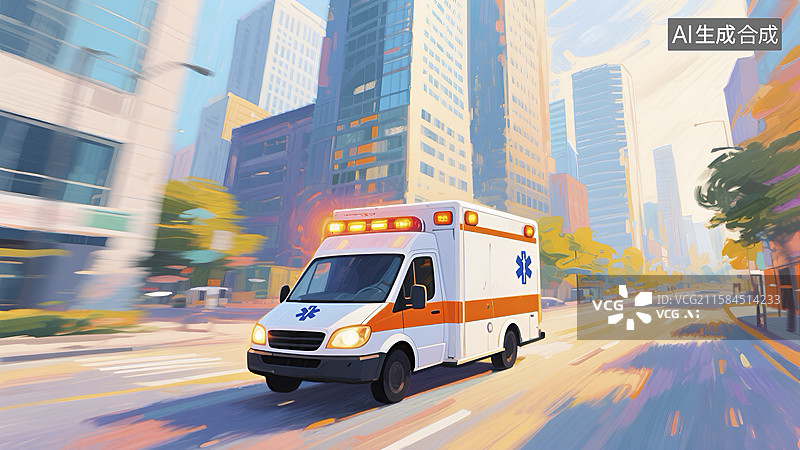 【AI数字艺术】城市道路上行驶的救护车插画图片素材