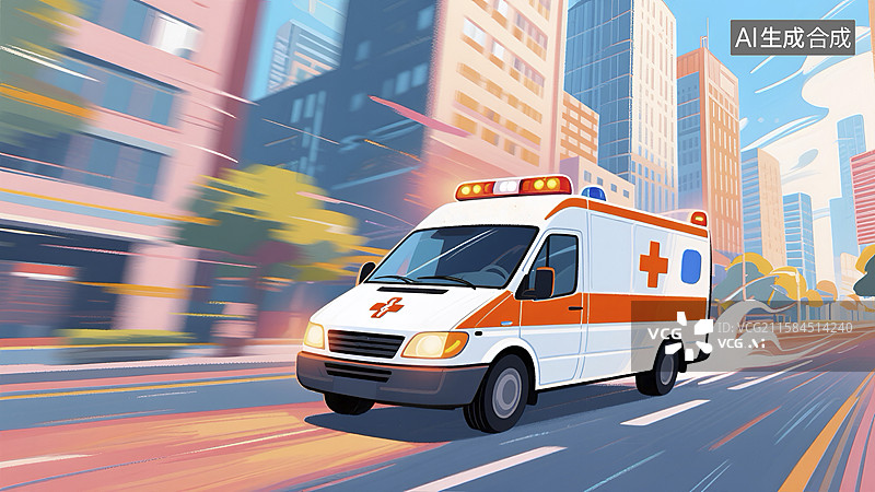 【AI数字艺术】城市道路上行驶的救护车插画图片素材