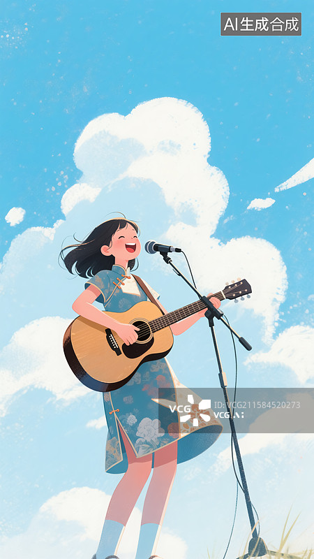 【AI数字艺术】弹吉他唱歌的女生插画图片素材