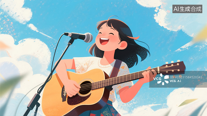【AI数字艺术】弹吉他唱歌的女生插画图片素材