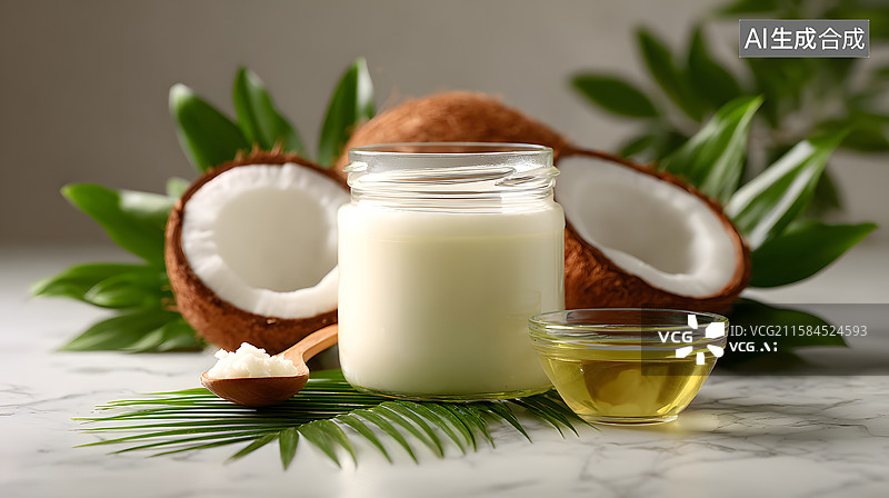 【AI数字艺术】白色罐与椰子油静物展示图片素材