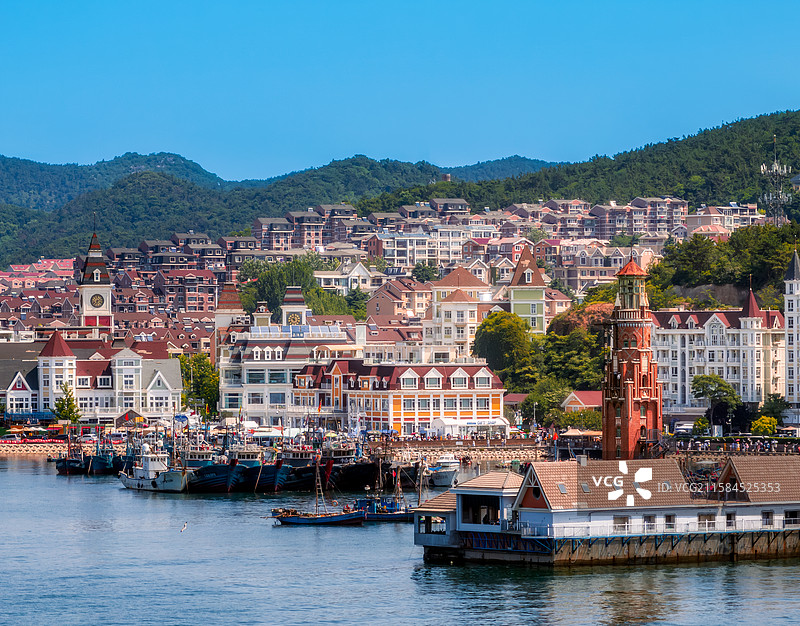 中国大连菱角湾老虎滩海洋公园渔人码头航拍图图片素材