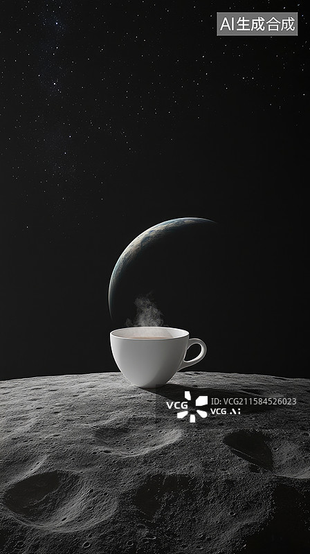 【AI数字艺术】超现实月球茶杯白瓷杯置于月球环形山边缘地球弧线与星空背景人类月球日金融科技与商业主题的创新图片素材