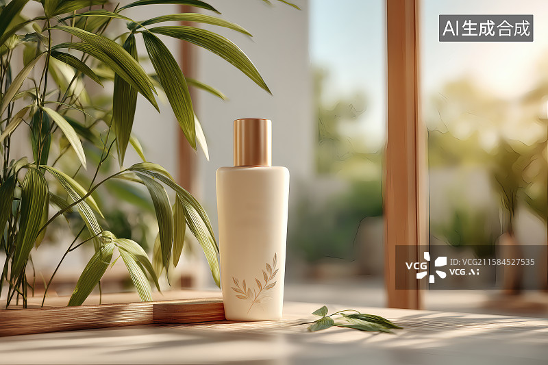 【AI数字艺术】阳光透过玻璃照射在桌面上的护肤品上图片素材