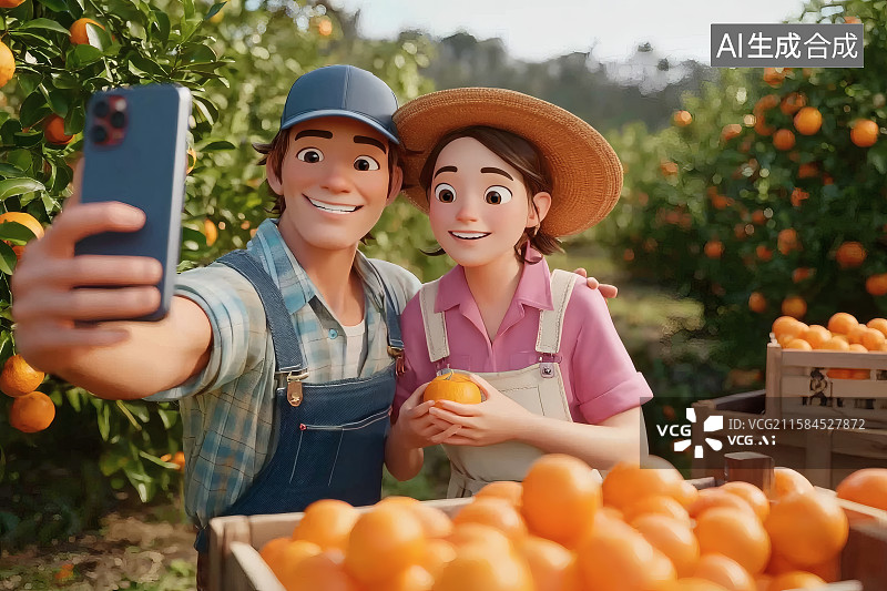 【AI数字艺术】一对果农夫妇，在果园中采摘水果，开心的自拍图片素材