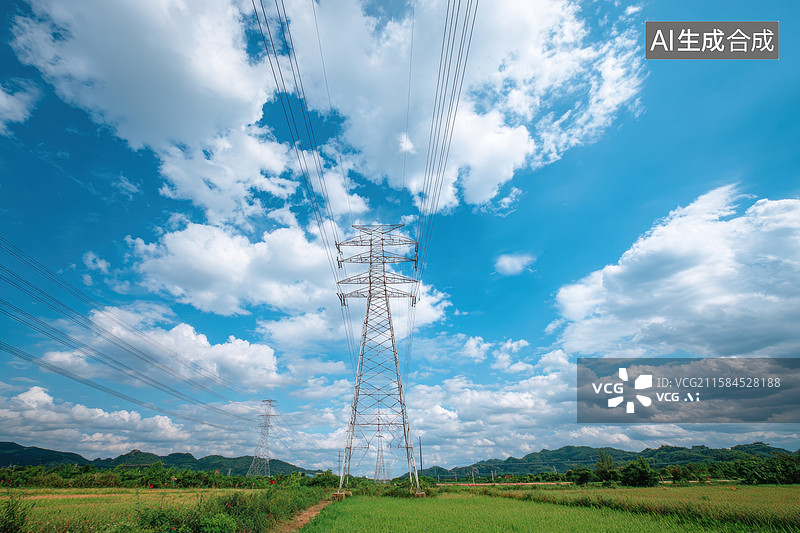 【AI数字艺术】蓝天白云下的电力传输图片素材