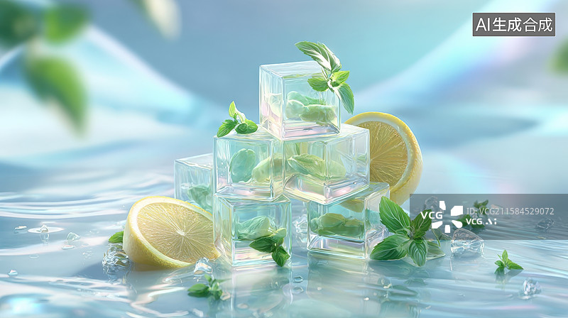 【AI数字艺术】冰块柠檬薄荷水图片素材