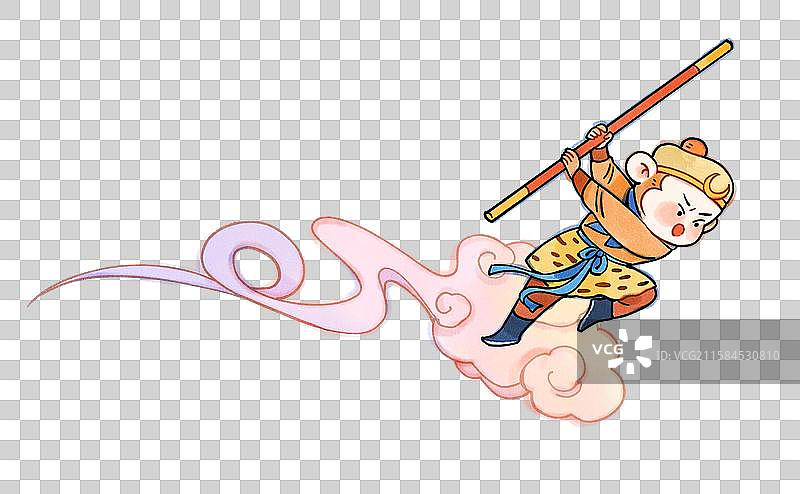 西游记孙悟空筋斗云拿着金箍棒打白骨精水墨卡通元素图片素材