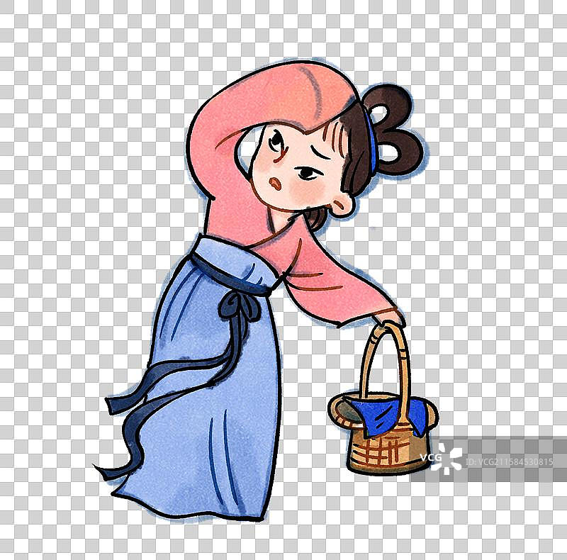 拿着篮子的古代女性少女水墨卡通元素图片素材