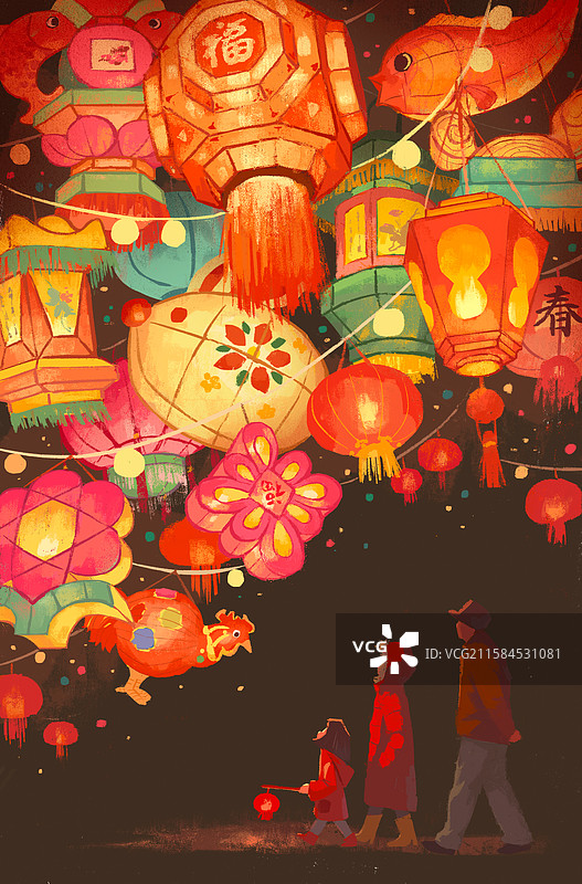 一家三口看花灯图片素材