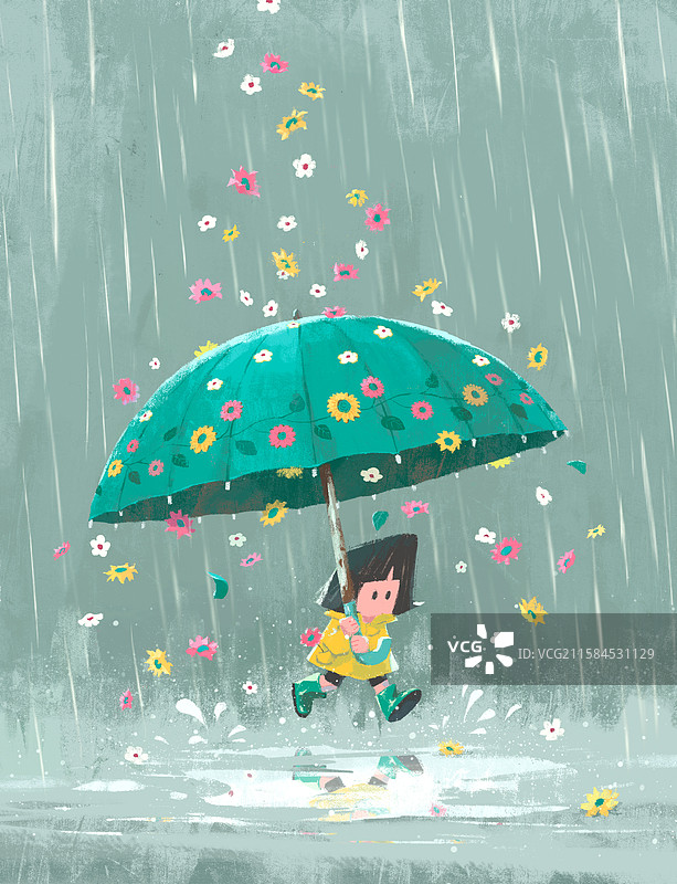 雨中撑伞的小女孩图片素材