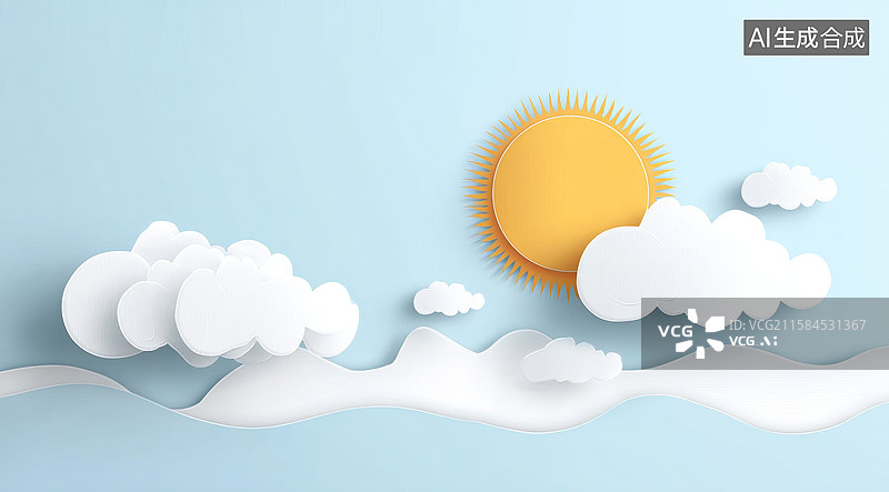 【AI数字艺术】纸艺风格的蓝天白云与太阳图片素材