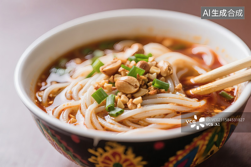 【AI数字艺术】一碗味道鲜美的酸辣粉，上面撒着花生碎与小葱图片素材