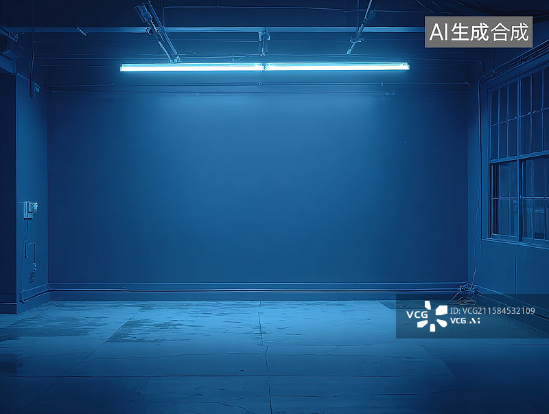 【AI数字艺术】蓝色灯光下的空旷室内空间图片素材
