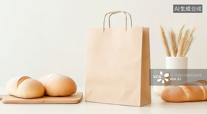【AI数字艺术】面包与纸袋静物组合图片素材