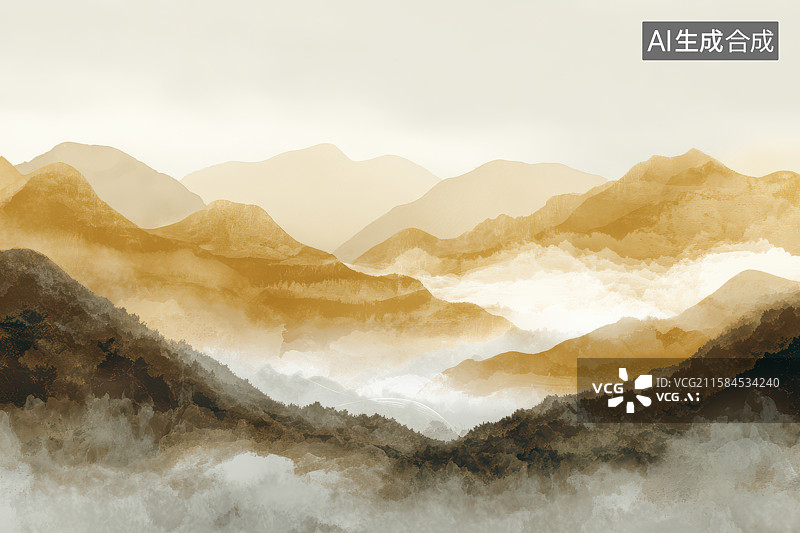 【AI数字艺术】水墨山水层峦叠嶂传统画卷图片素材