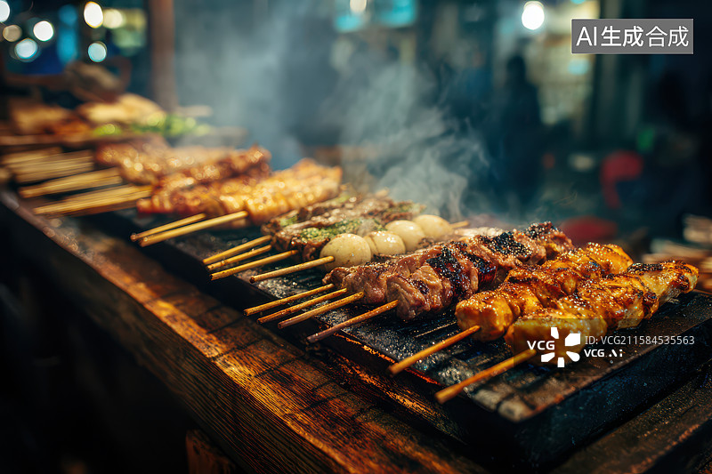 【AI数字艺术】烟火缭绕的街头烧烤美食图片素材
