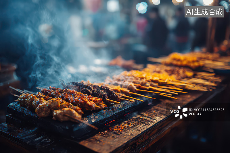 【AI数字艺术】烟火缭绕的街头烧烤美食图片素材