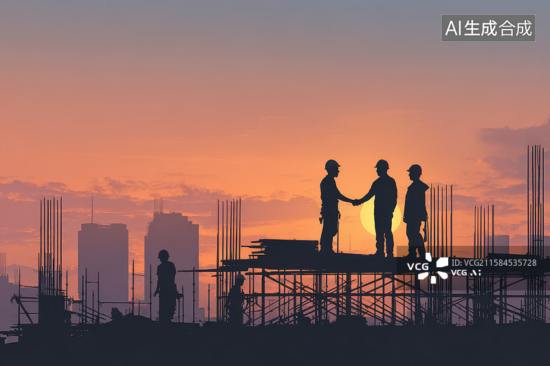 【AI数字艺术】夕阳下建筑工人剪影场景图片素材