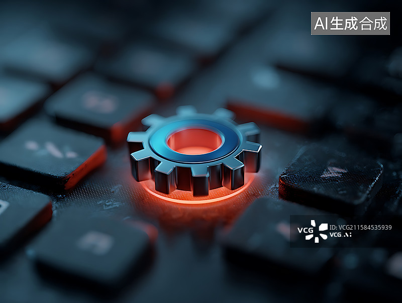 【AI数字艺术】工业科技设备场景：发光齿轮置于键盘按键，呈现机械设计与系统工具的硬件画面图片素材